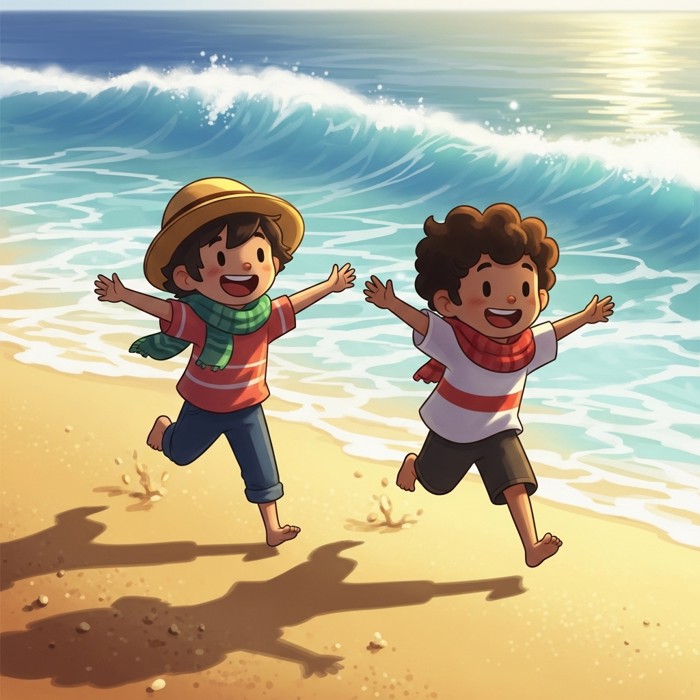 Cartoon children running joyfully across golden sand toward sparkling blue ocean waves, arms spread wide, big smiles on their faces.