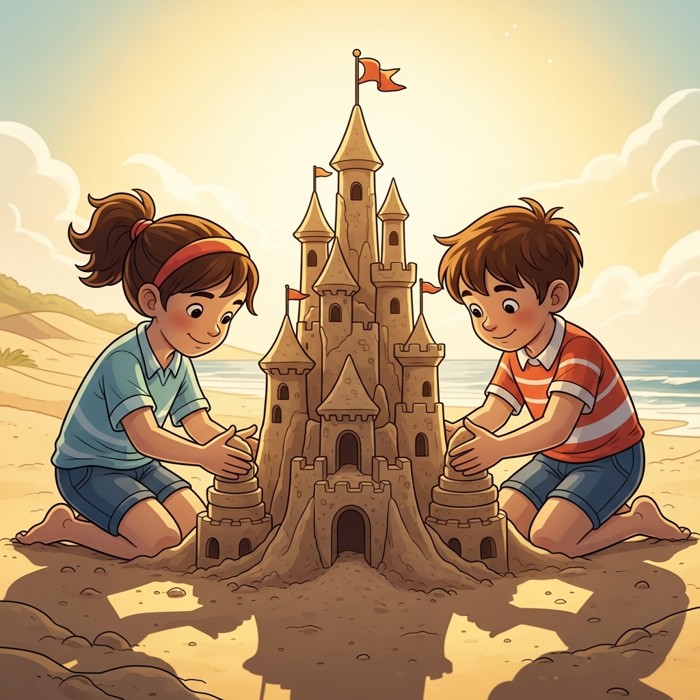 Two cartoon children kneeling on the beach sand together, carefully stacking and patting a tall elaborate sandcastle with a flag on top, concentrating happily.
