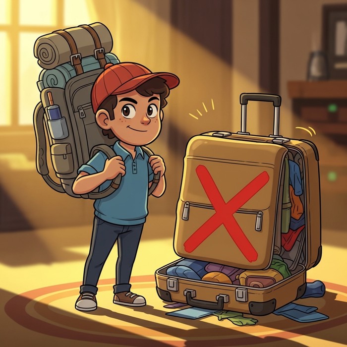 A cartoon traveler confidently lifting a small, neatly packed backpack with a smile, next to an overflowing giant suitcase with a big red X through it.