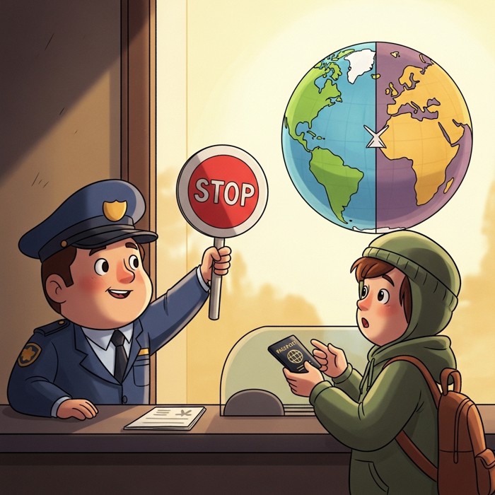 A cartoon border officer at a passport control booth holding up a large red stop sign to a traveler who has no passport, with a globe showing two countries in the background.