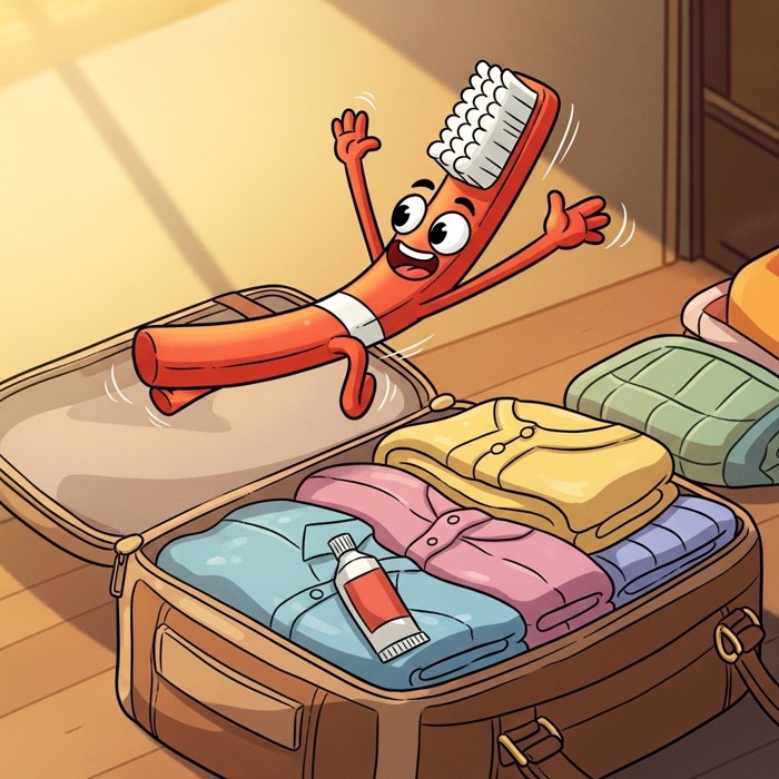 A bright cartoon toothbrush with a big smile jumping into an open travel bag, surrounded by folded clothes and a travel-size toothpaste tube.