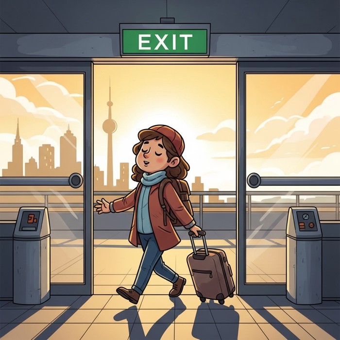 A cartoon traveler stepping through airport exit doors, eyes closed and arms slightly open, breathing in fresh air, with a familiar skyline visible in the background.