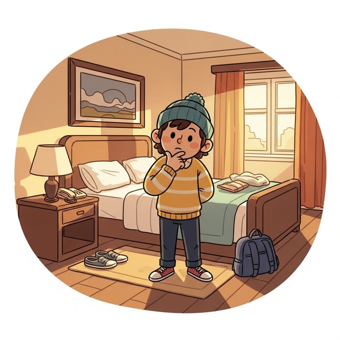 A cartoon person standing in a bright hotel room, looking around carefully, hand on chin, making sure nothing is left behind on the bed and nightstand.