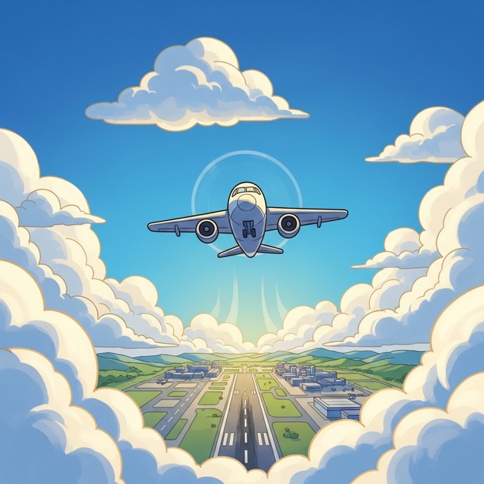 A colorful cartoon airplane lifting off a runway into a bright blue sky, with fluffy white clouds around it and the airport shrinking below.