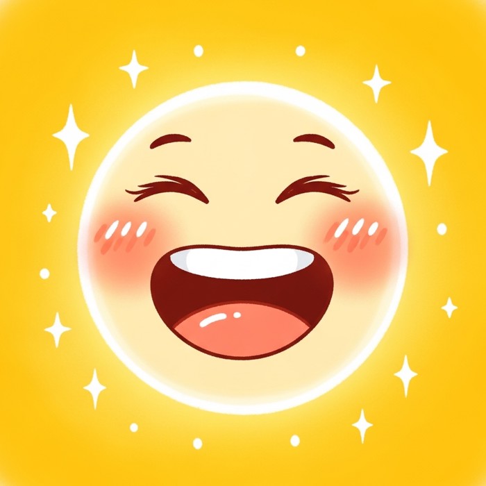 A glowing cartoon face with a big bright smile, surrounded by small sparkling stars, against a cheerful yellow background suggesting positivity and warmth.