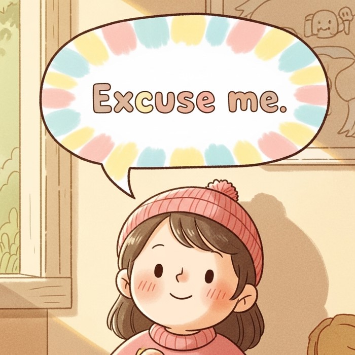 A cartoon speech bubble with the words 'Excuse me' floating above a smiling person, soft pastel colors radiating politeness and warmth.