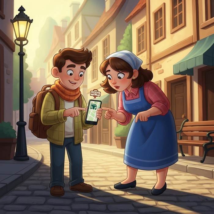 A cartoon traveler pointing at a hotel icon on a smartphone map while a local leans in to look, both standing outside on a cobblestone street.