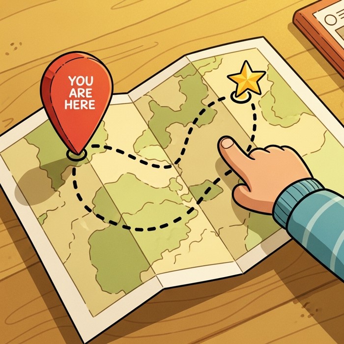 A cartoon traveler tracing a dotted route on a map with their finger, a red 'You Are Here' pin at the start and a gold star marking the destination.