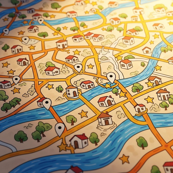 A close-up of a bright illustrated map covered in colorful lines, blue wavy rivers, tiny house icons, and star symbols, under warm lighting.