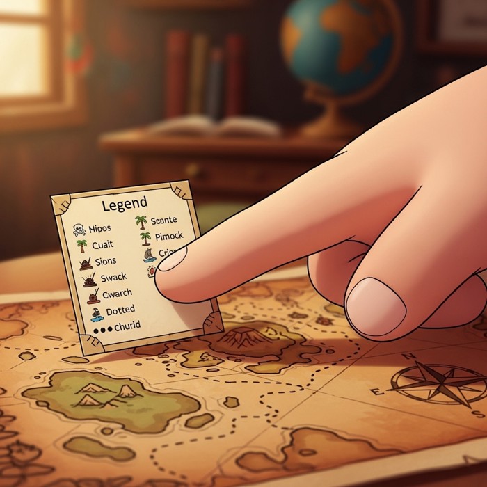 A cartoon finger pointing at a small box in the corner of a map labeled 'Legend', with rows of tiny symbols and their meanings listed beside them.