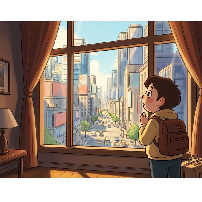 A traveler standing at a large hotel window gazing out at a bright city skyline with tall buildings and busy streets below, eyes wide with wonder.