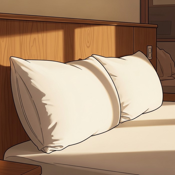 A close-up of a hotel bed with two plump, fluffy white pillows neatly arranged against a wooden headboard, inviting and cozy.