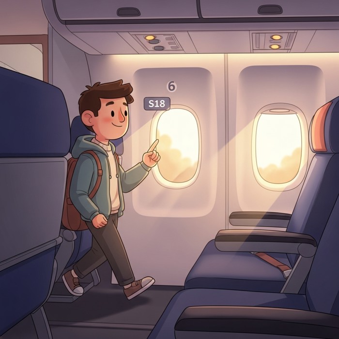 A cheerful cartoon passenger walking down the airplane aisle, looking at a seat number above a window seat, sunlight coming through the oval porthole window.