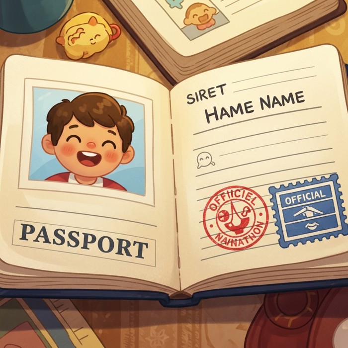 A close-up cartoon illustration of an open passport showing a smiling face photo on the left page and a printed name on the right page, with a colorful official stamp.
