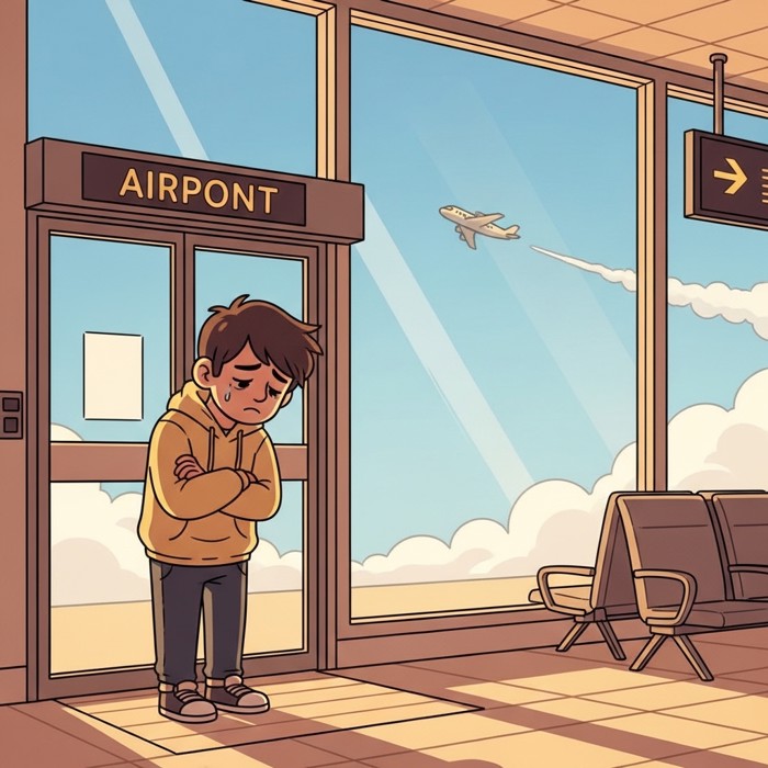 A sad cartoon character standing outside a closed airport gate door, watching a plane fly away through a large window, arms crossed.