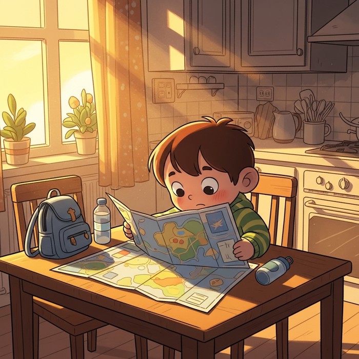 A cartoon child sitting at a kitchen table before sunrise, studying a colorful unfolded map with a small backpack and water bottle on the table beside them.