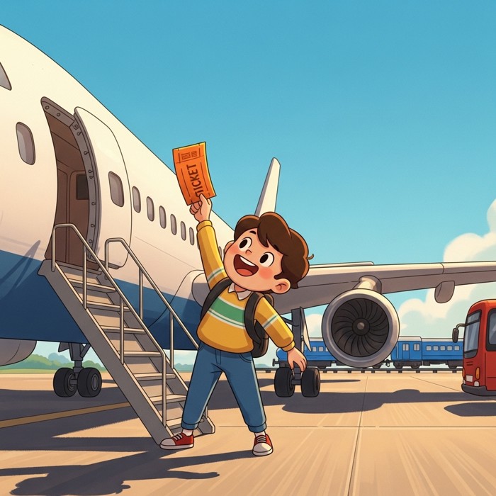 A smiling cartoon character waving a bright orange ticket at the door of a large passenger airplane on a sunny runway, with a blue train and red bus visible in the background.