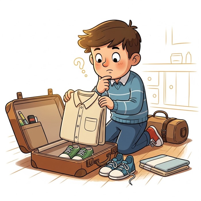 A cartoon traveler carefully placing a folded shirt and a pair of sneakers into an open suitcase on the floor, setting aside extra items with a thoughtful expression.