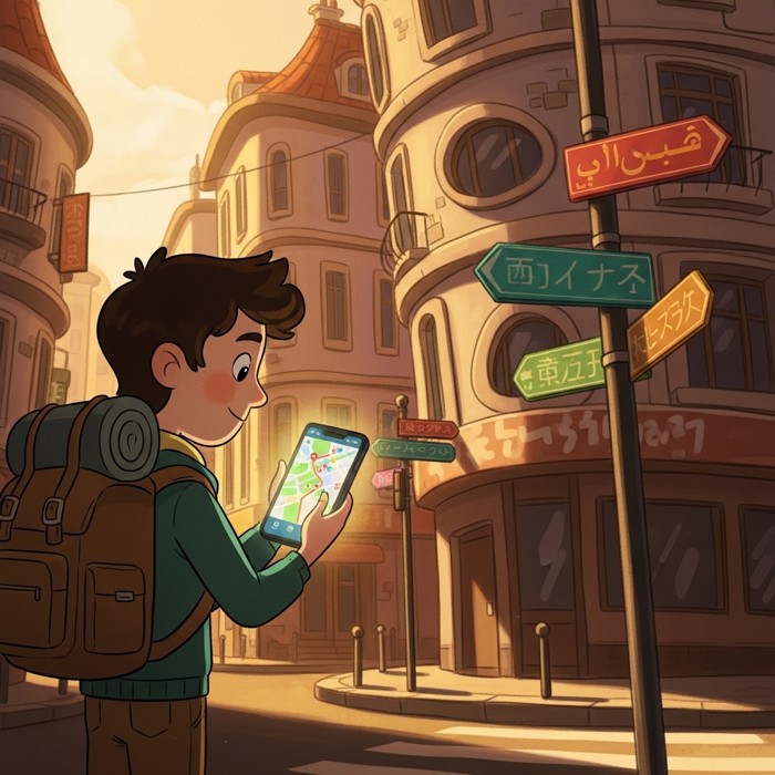 A cartoon traveler holding a glowing smartphone with a colorful map app open, standing at a busy foreign city street corner, with colorful buildings and street signs around them.