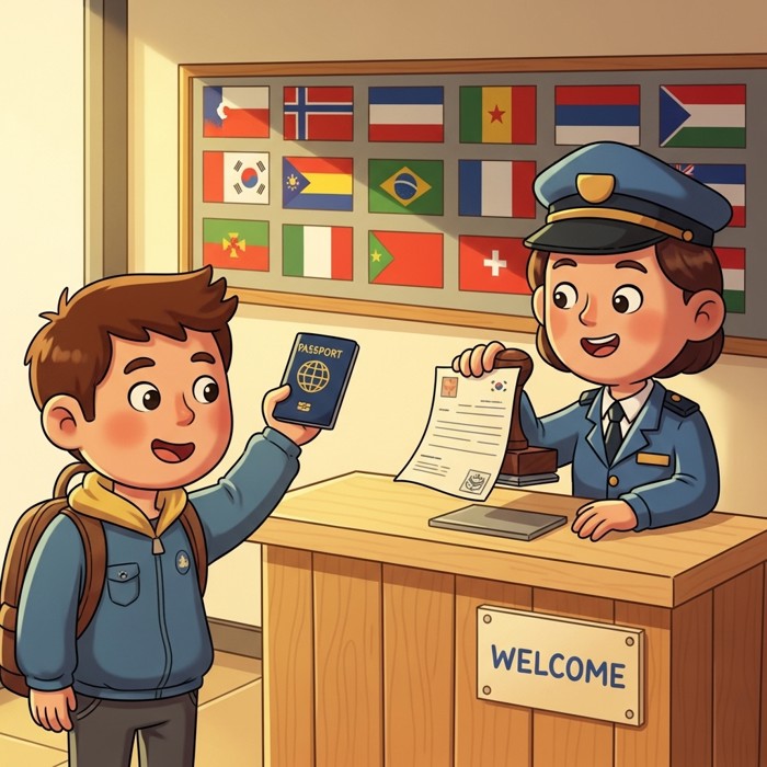 A cartoon traveler holding up a passport at an airport immigration counter, a smiling officer stamping the document, international flags displayed on the wall behind.