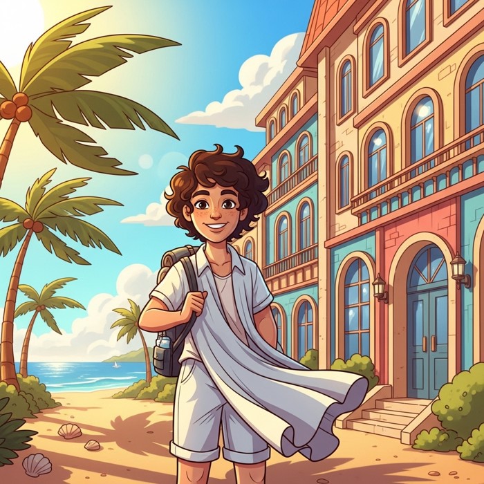 A happy cartoon traveler in fresh, crisp clothes smiling in front of a sunny beach resort, looking confident and refreshed.