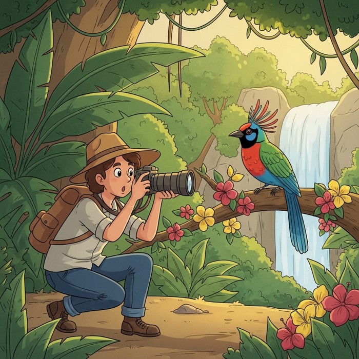 A curious cartoon tourist crouching down to photograph a colorful exotic bird perched on a branch in a lush tropical jungle, looking amazed.
