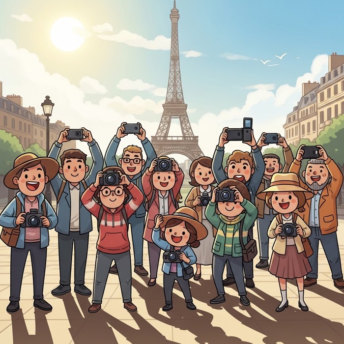 A crowd of cheerful cartoon tourists holding up cameras and phones in front of the Eiffel Tower on a sunny Paris afternoon, smiling and posing.