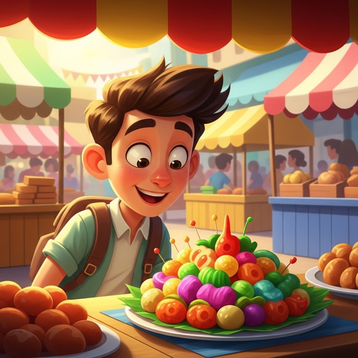A wide-eyed cartoon tourist staring in delight at an unfamiliar exotic dish — bright colors, unusual shapes — placed on a street-food stall in a lively market.