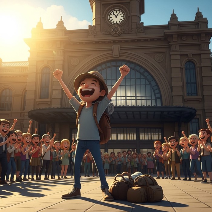 A jubilant cartoon traveler raising both arms in triumph in front of a grand train station entrance, with a shining sun and cheering crowd behind.
