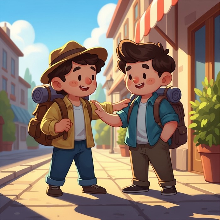A smiling cartoon traveler tapping a friendly local on the shoulder on a sunny sidewalk, both looking relaxed and happy.