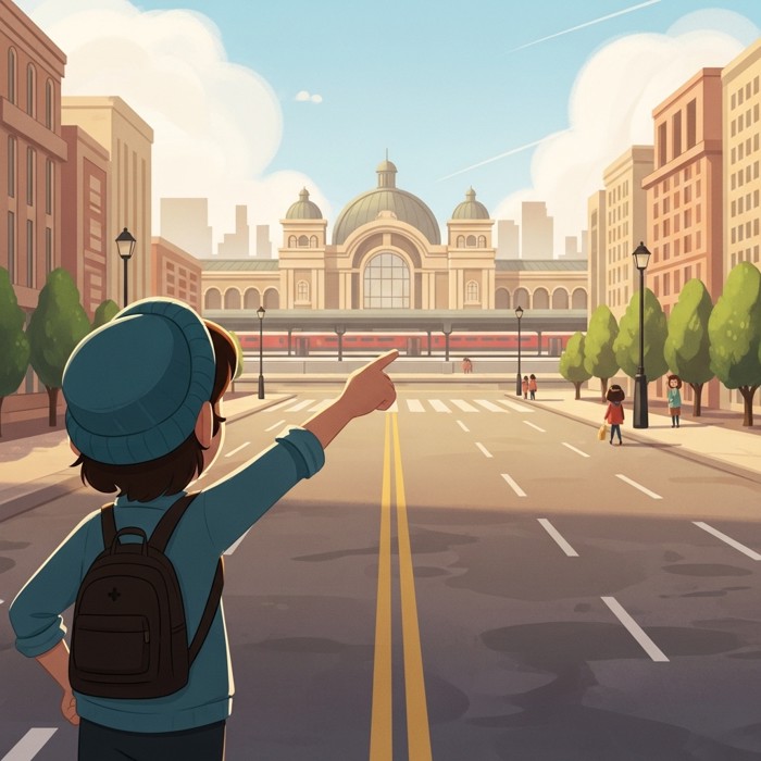 A cartoon person confidently extending one arm and pointing down a wide city street toward a large train station visible in the distance.