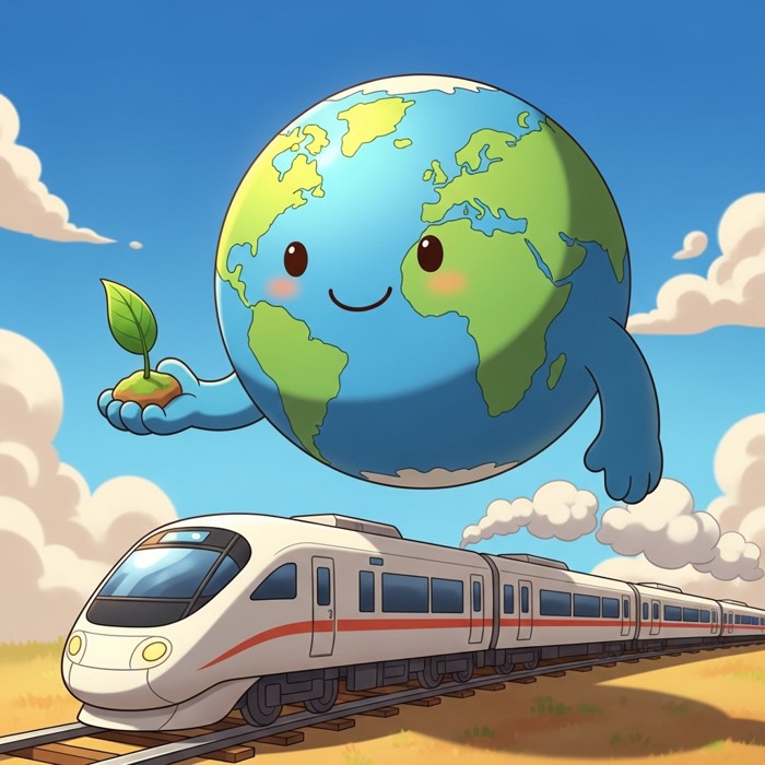 A happy cartoon Earth holding a small green leaf, with a clean train passing below and clear blue skies above, no smoke or pollution.