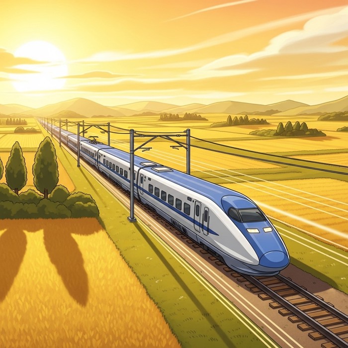 A sleek modern bullet train speeding along straight rails through a golden countryside, motion-blur lines streaking behind it.