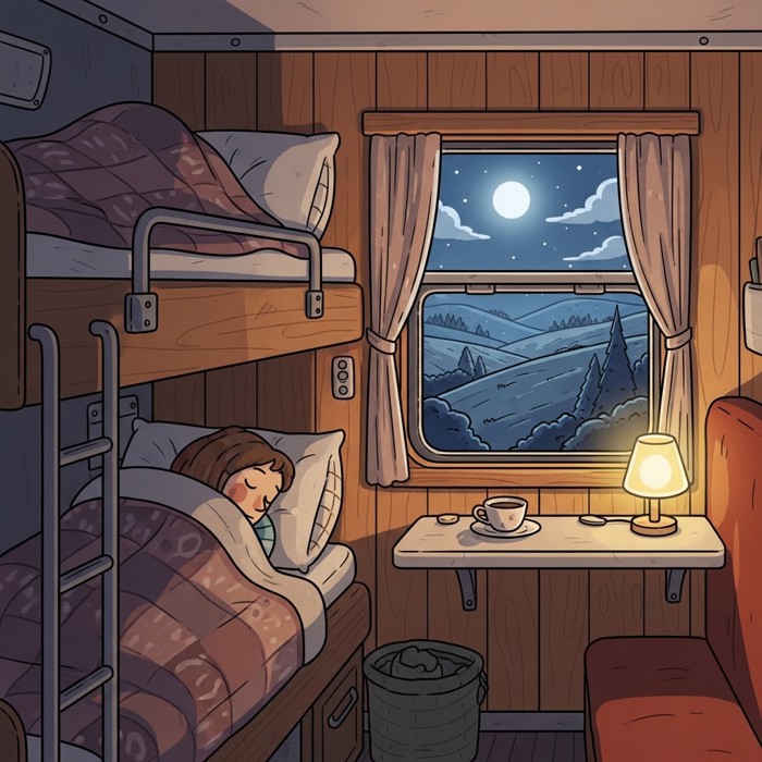 A cozy sleeping compartment on a night train, a passenger tucked under a warm blanket, moonlit countryside passing outside the small window.