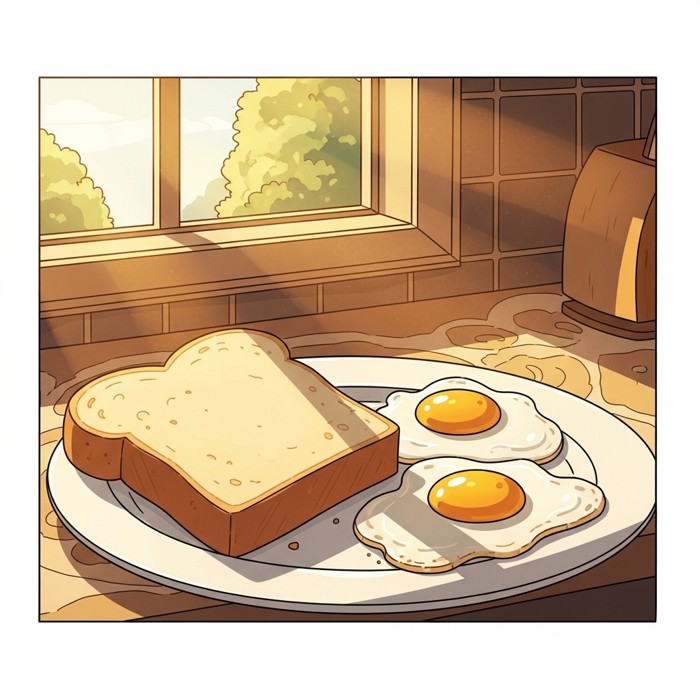 A slice of golden bread next to two sunny-side-up eggs on a white plate, morning sunlight streaming through a kitchen window.