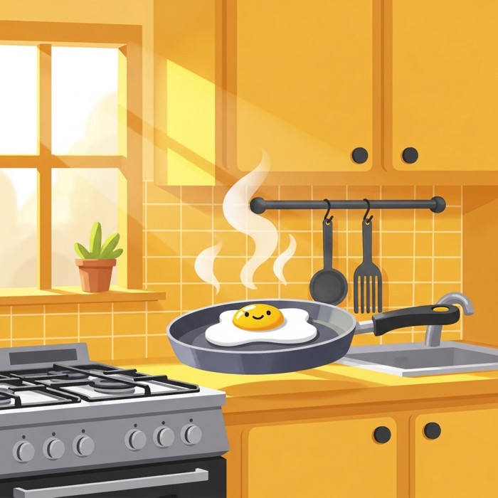 A cheerful cartoon egg on a frying pan in a warm yellow kitchen, steam rising gently, sunny morning light through the window.