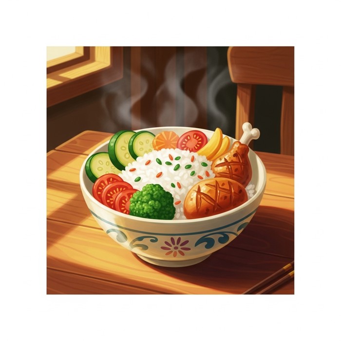 A happy bowl of rice topped with colorful vegetables and a piece of grilled chicken, steam rising, set on a wooden dining table.