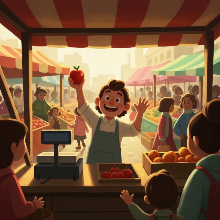 A cartoon vendor with a big smile calling out to shoppers, holding up fruit and waving at passers-by at a busy market.