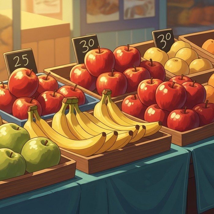 A cartoon market table piled high with shiny red apples and bright yellow bananas, cheerful and colorful.