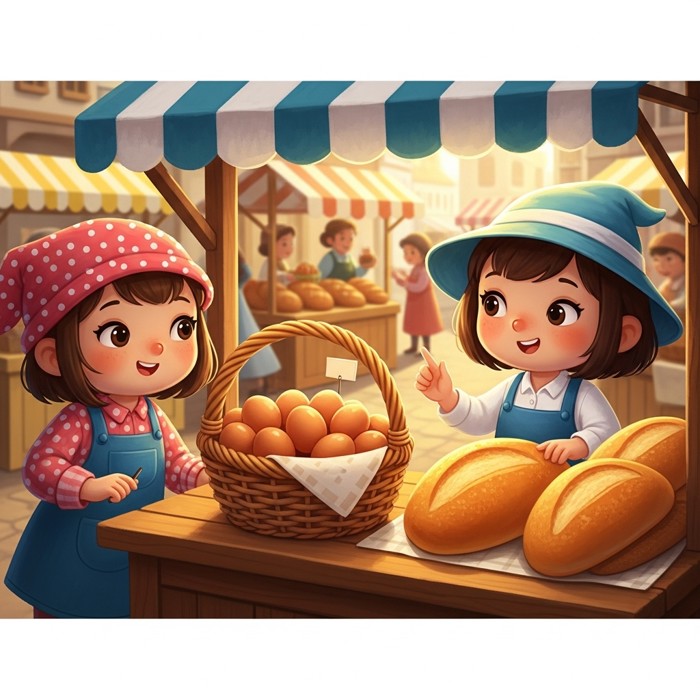 A cartoon market stall showing a basket of brown eggs next to golden loaves of freshly baked bread.