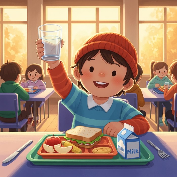 A cheerful child raising a clear glass of water at a school lunch table, with food on the tray in front of them, bright cafeteria in the background.