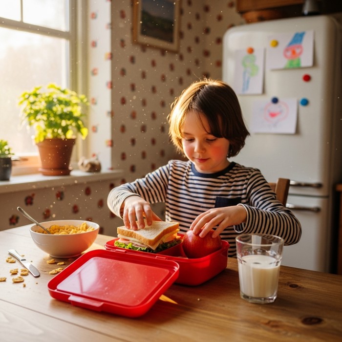 A child placing a sandwich and an apple into a bright red lunchbox on a kitchen table, morning sunlight coming through the window.