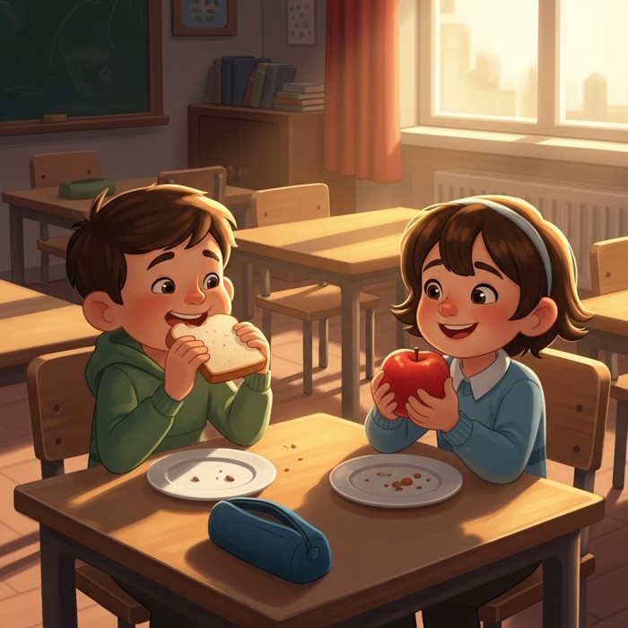 Two children sitting at a school table, one eating a slice of bread and one eating a red apple, both smiling.