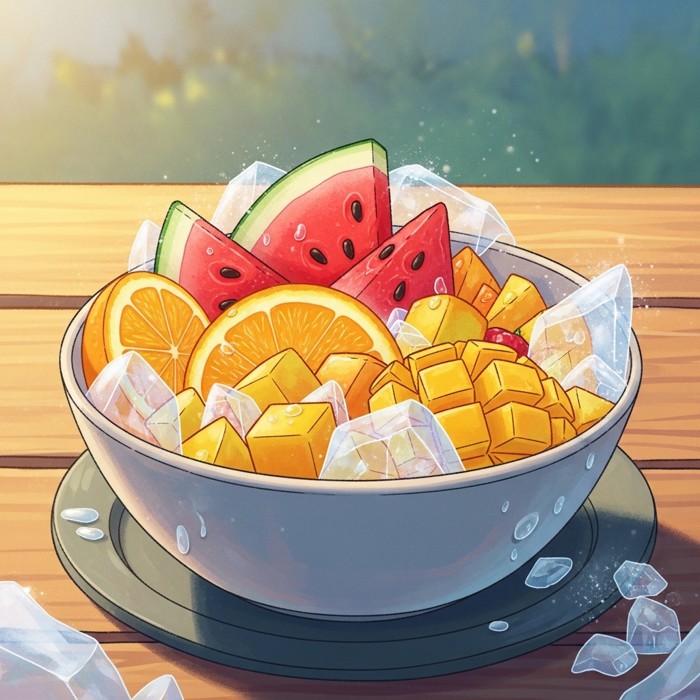 A cartoon bowl of mixed cold fruit — watermelon, orange slices, and mango chunks — with frost and ice crystals around the bowl on a sunny picnic table.
