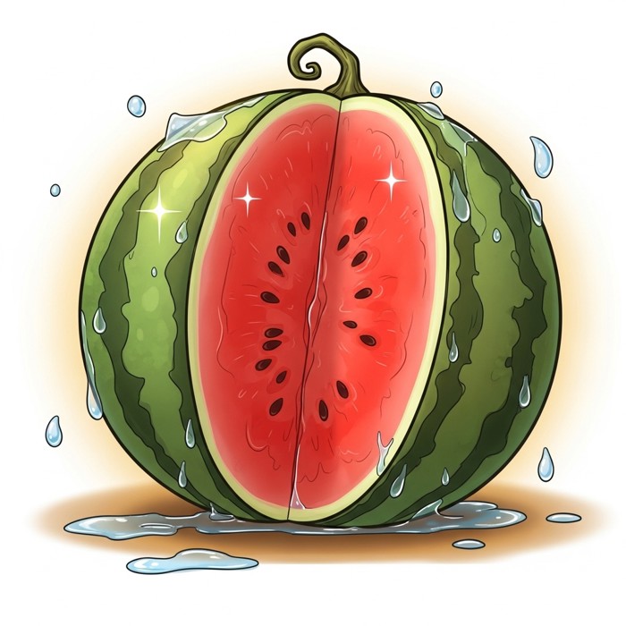 A cartoon watermelon cut in half showing the bright red juicy inside, with water droplets sparkling around it in warm sunlight.