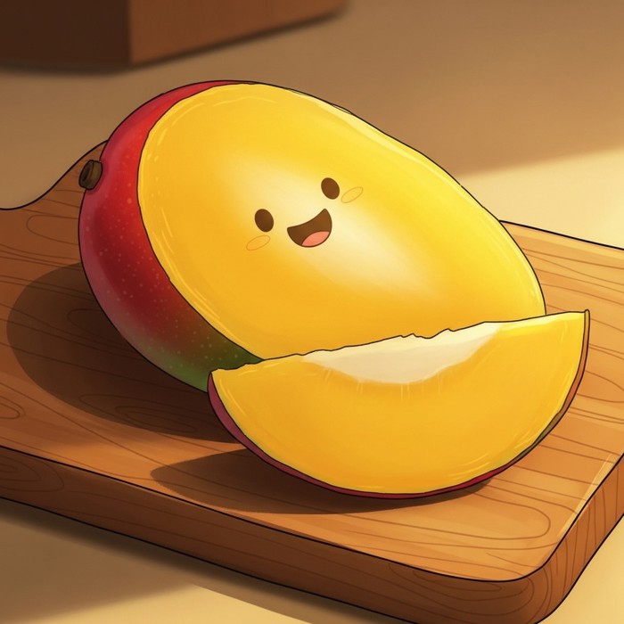A cartoon mango sliced open on a wooden board, showing its golden-yellow flesh, with a happy face drawn on it.