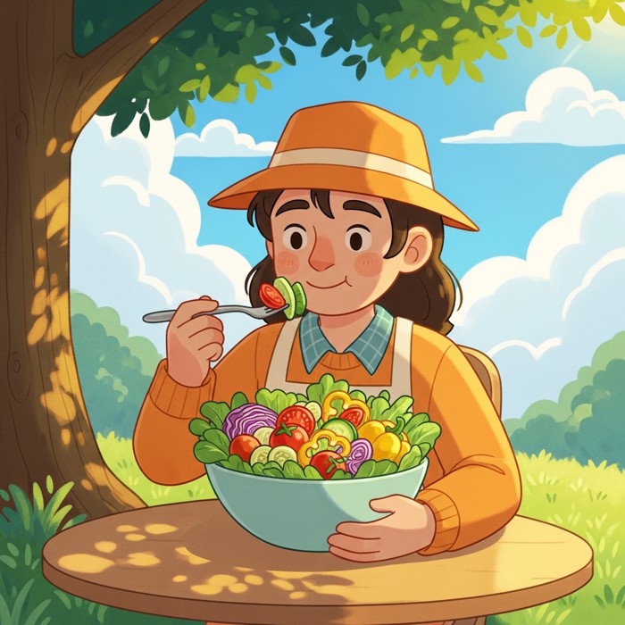 A cartoon person eating a big colorful salad bowl outside on a sunny day, looking refreshed and cheerful.