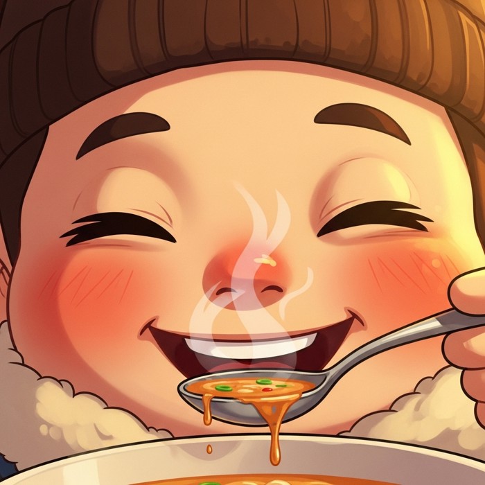 A cartoon face with rosy cheeks eating a spoonful of hot soup, steam rising, eyes closed with a happy smile.