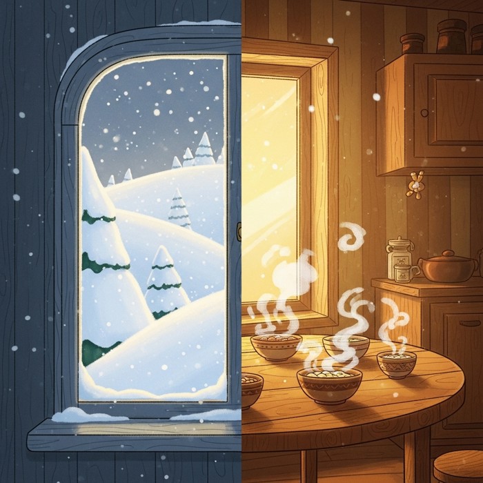 A cartoon split scene: one side shows a snowy cold day outside a window, the other shows a warm kitchen with steaming bowls on the table.