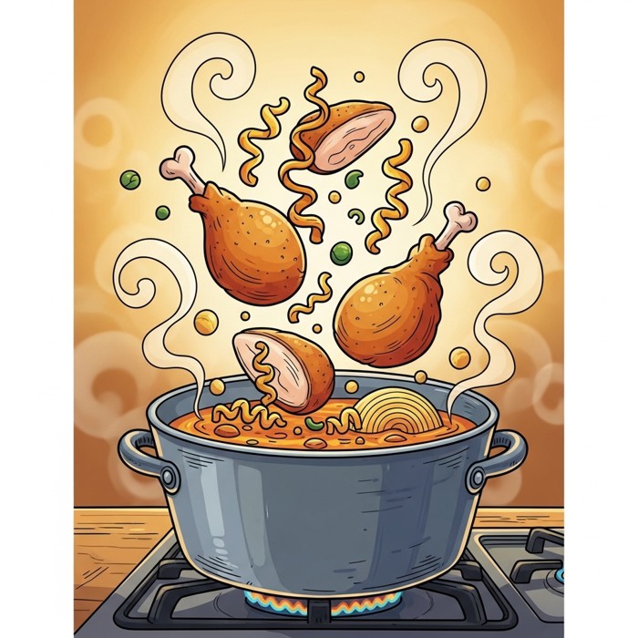 Cartoon pieces of chicken and curly noodles being dropped into a steaming pot of soup, colorful and fun.